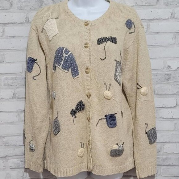 Talbots Knitting Theme Knit Sweater with Embellishments Yarn Craft Womens Medium - Picture 1 of 4
